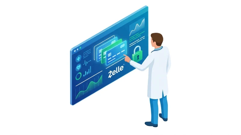 Ilustración 3D de médico interactuando con panel digital de pagos online y logo de Zelle