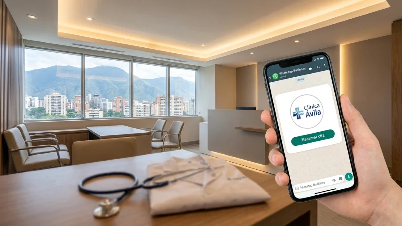 Smartphone mostrando confirmación de cita médica por WhatsApp Business en consultorio de Caracas