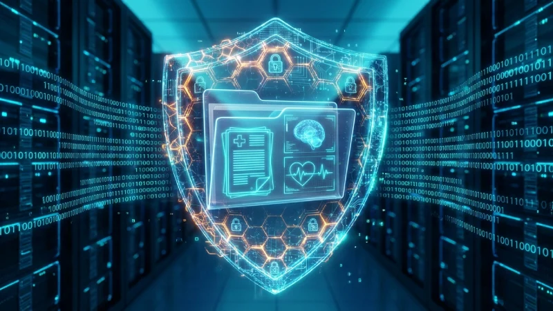 Carpeta médica digital rodeada por escudo holográfico de ciberseguridad protegiendo datos del paciente