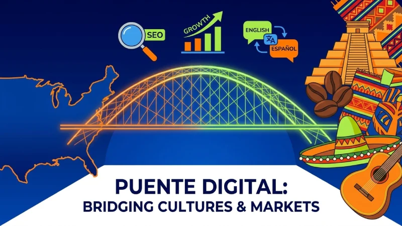 Ilustración de un puente conectando Estados Unidos con Latinoamérica mediante estrategias SEO B2B