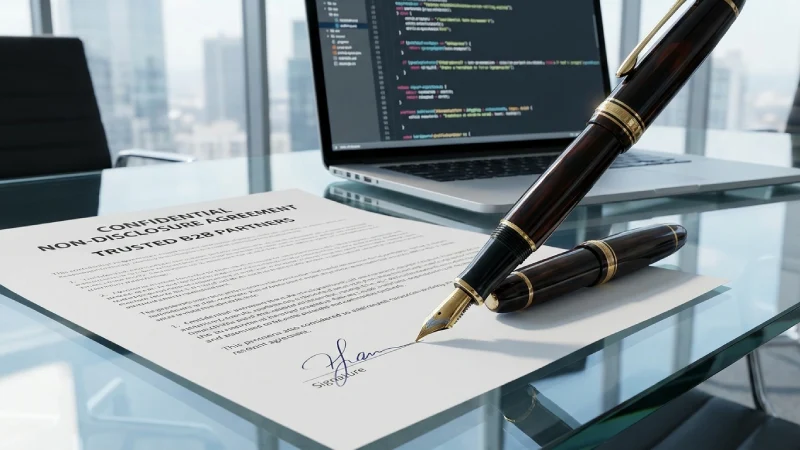Firma de un acuerdo de confidencialidad NDA en escritorio de cristal, seguridad jurídica empresarial