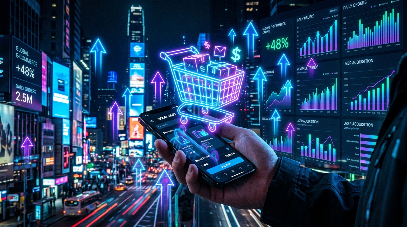 Gráficos de crecimiento y carrito de compras brillante representando el ecommerce en Venezuela